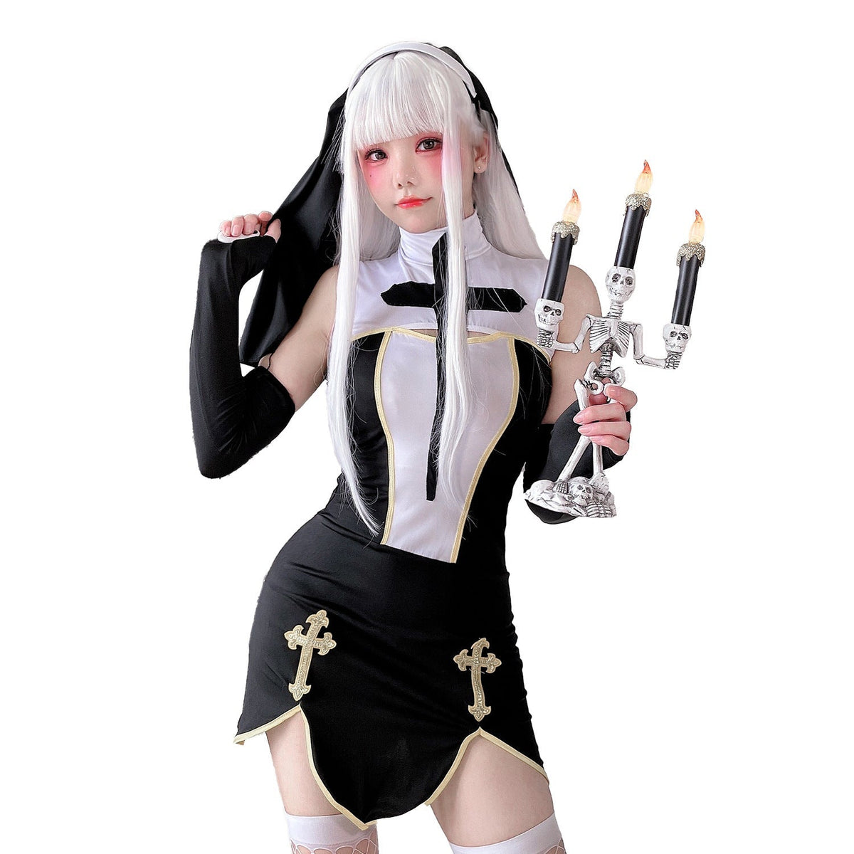 Women's gothic nun Halloween costume black mini dress with white cross bib and gold trim