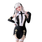 Women's gothic nun Halloween costume black mini dress with white cross bib and gold trim - view 2