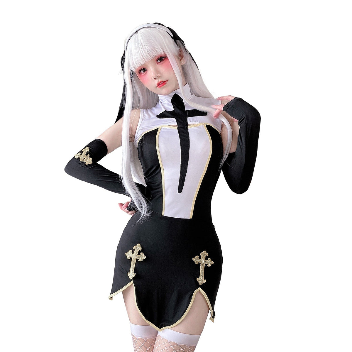 Women's gothic nun Halloween costume black mini dress with white cross bib and gold trim - view 2