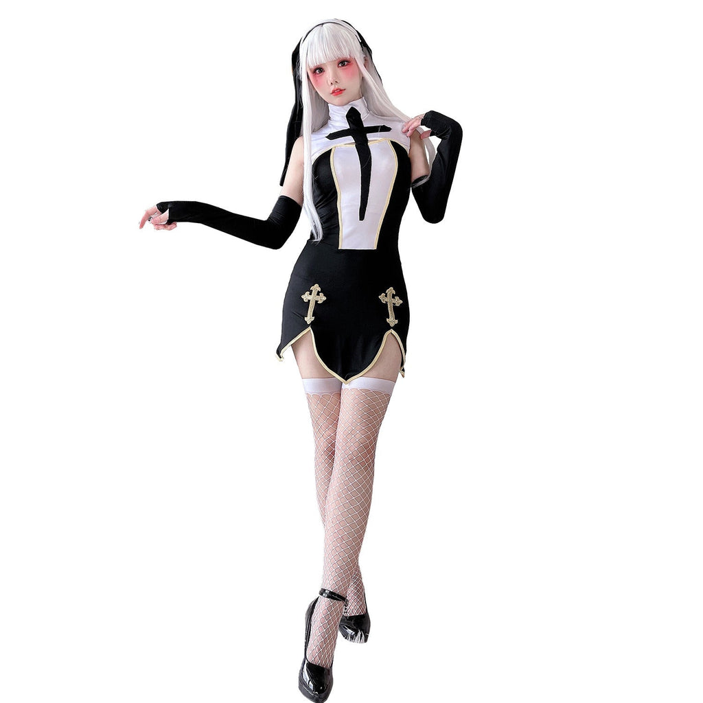 Women's gothic nun Halloween costume black mini dress with white cross bib and gold trim - view 3