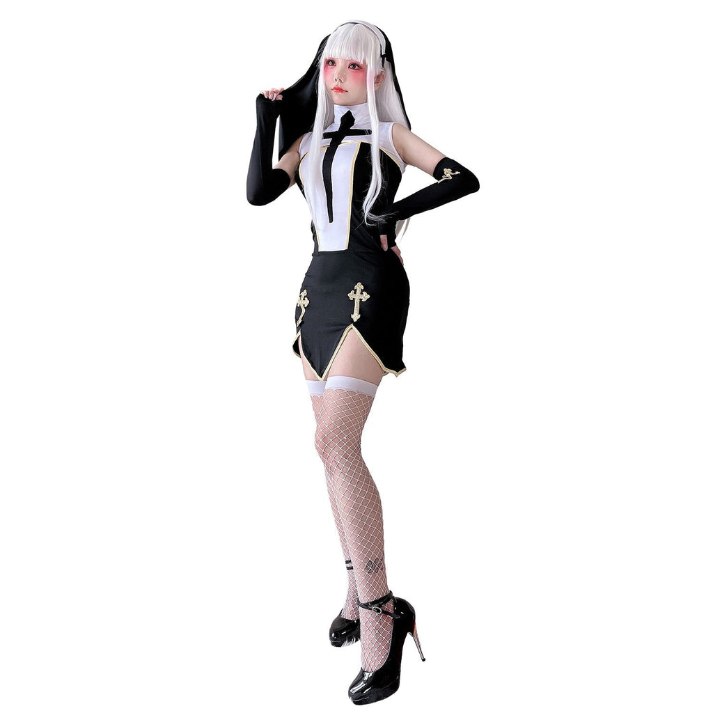 Women's gothic nun Halloween costume black mini dress with white cross bib and gold trim - view 5