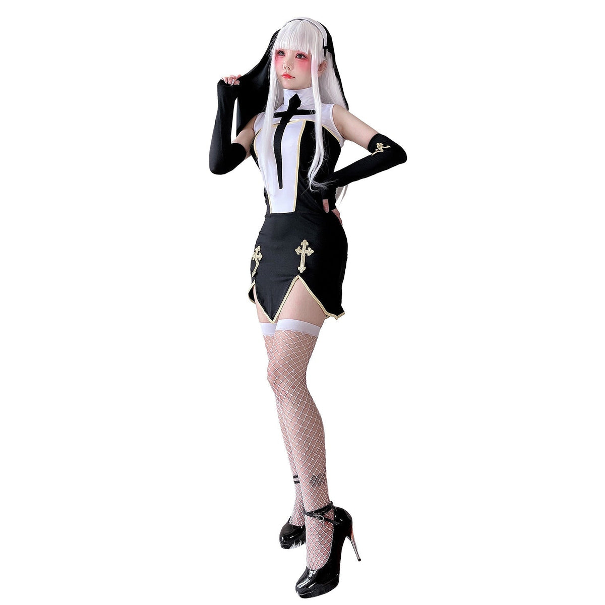 Women's gothic nun Halloween costume black mini dress with white cross bib and gold trim - view 5