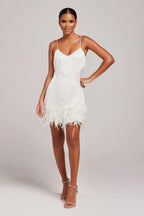 Zora beaded fringe cocktail mini dress with feather hem and spaghetti straps