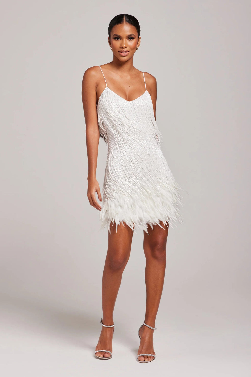 Zora beaded fringe cocktail mini dress with feather hem and spaghetti straps - view 3
