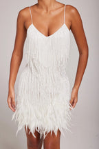 Zora beaded fringe cocktail mini dress with feather hem and spaghetti straps - view 7