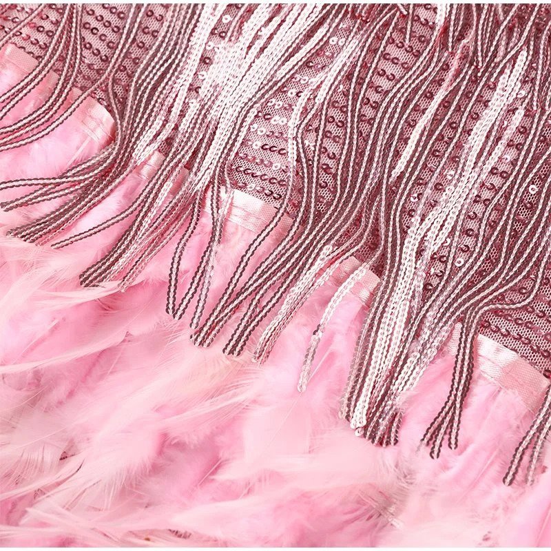 Sequin fringe mini dress with feather hem and spaghetti straps - view 10