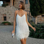 Sequin fringe mini dress with feather hem and spaghetti straps - view 2