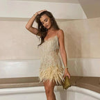 Sequin fringe mini dress with feather hem and spaghetti straps - view 4