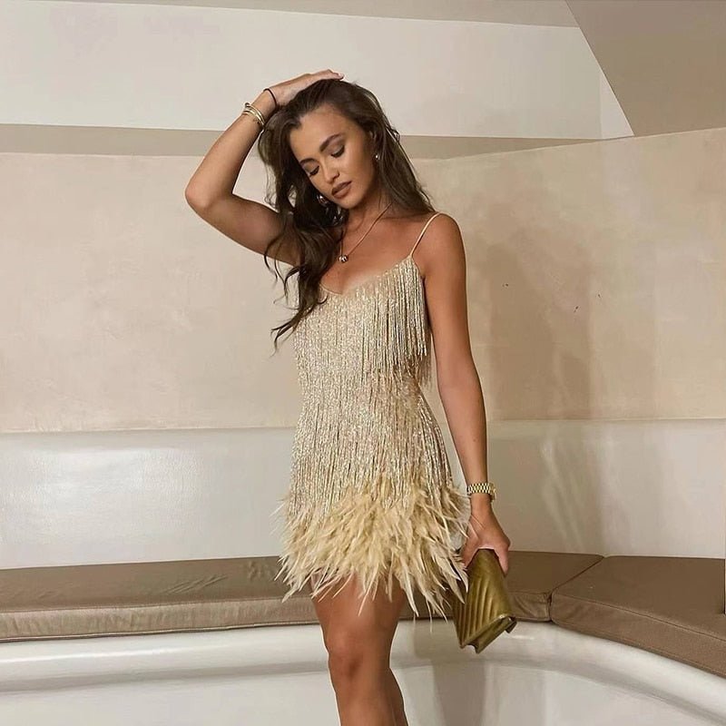 Sequin fringe mini dress with feather hem and spaghetti straps - view 4