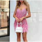 Sequin fringe mini dress with feather hem and spaghetti straps - view 7