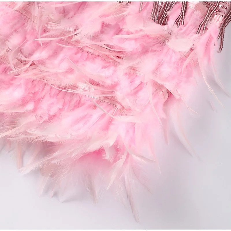 Sequin fringe mini dress with feather hem and spaghetti straps - view 9